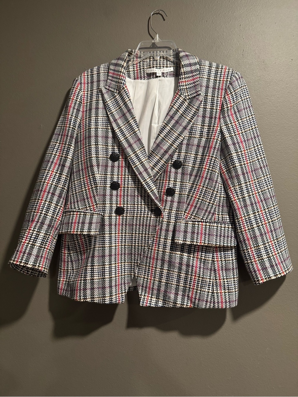 Veronica Beard Black, White & Pink Plaid Double-Breasted Blazer Size 14